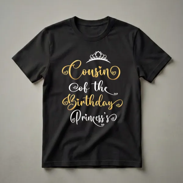 Black t-shirt with gold and white script text that reads 'Cousin of the Birthday Princess's' with a white tiara graphic above.