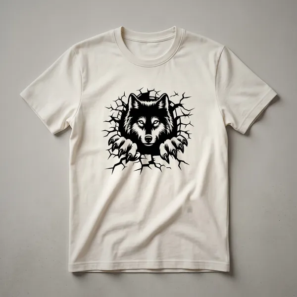 A vintage-style graphic t-shirt featuring a detailed drawing of a wolf's head with sharp claws prominently displayed in the foreground.
