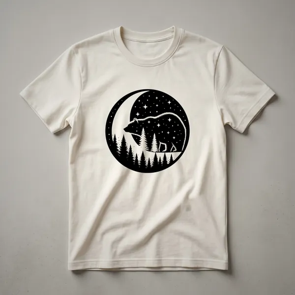 Black graphic t-shirt featuring a vintage drawing of a bear silhouette against a moon and stars, with a forest background.