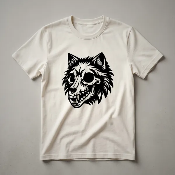 A black graphic t-shirt featuring a vintage-style drawing of a wolf skull with intricate details.