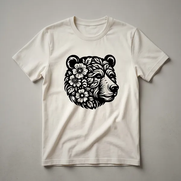White graphic t-shirt with a black drawing of a bear's head surrounded by floral elements, featuring a vintage wildlife art style.
