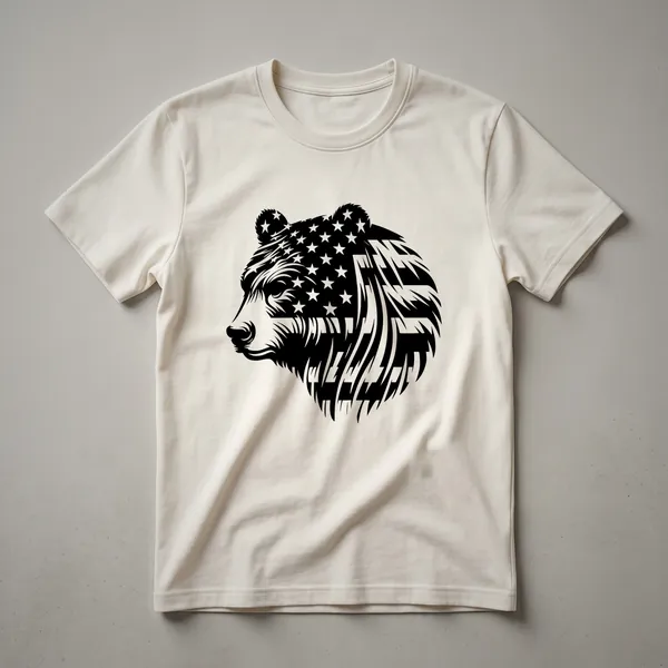 A graphic t-shirt featuring a bear's head with the American flag design integrated into its fur, displayed on a heather grey shirt.