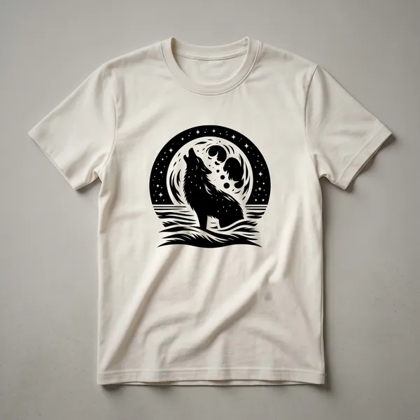 A black graphic t-shirt featuring a vintage-style drawing of a wolf howling at a crescent moon against a dark background.