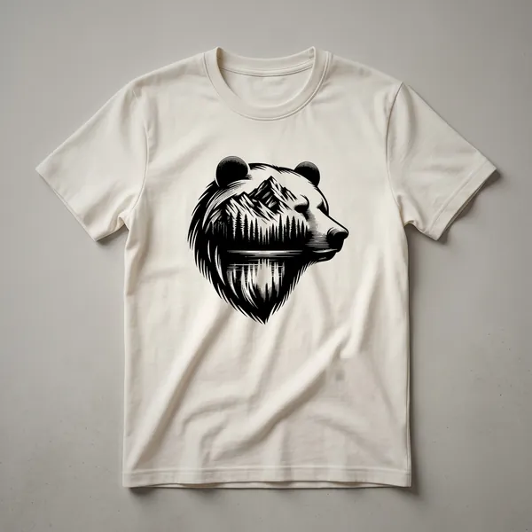 Black t-shirt with a retro graphic design of a bear in a forest with mountains in the background.