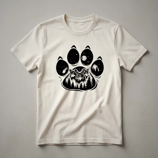 Black graphic t-shirt with a white wolf paw print design, showing a wolf howling at the moon in a forest.