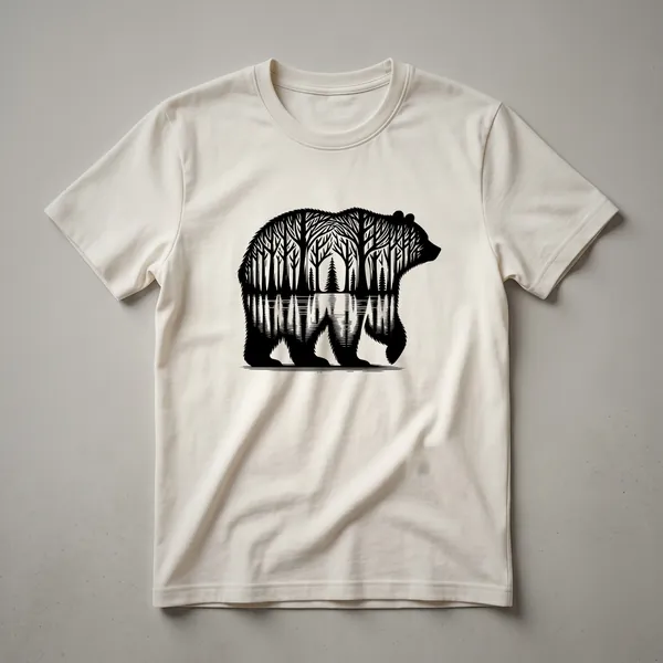 A graphic t-shirt in a heather grey color featuring a vintage drawing of a bear standing by water with a tree reflection.