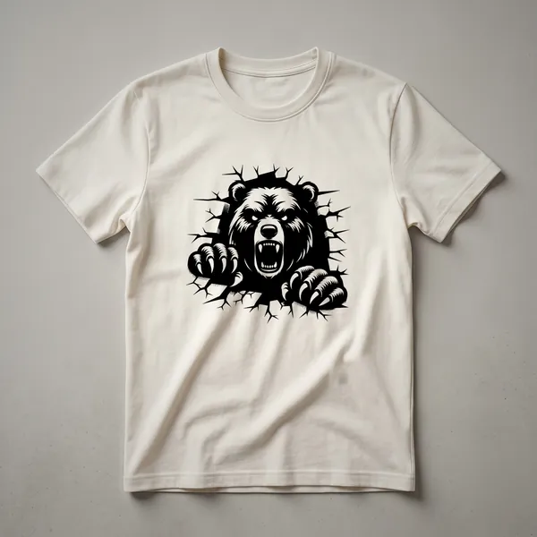 Black graphic t-shirt featuring a vintage drawing of an angry bear's head with sharp claws.