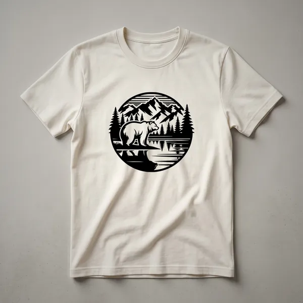 A graphic t-shirt design featuring a black bear silhouette against a reflective mountain range and pine trees, evoking a sense of wilderness and nature.