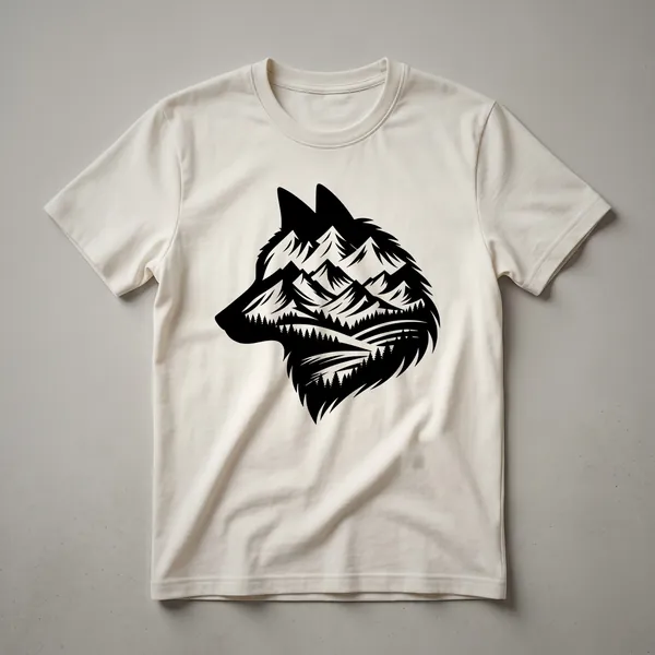 A vintage drawing of a wolf's head with mountains and a forest in the background, printed on a white t-shirt.