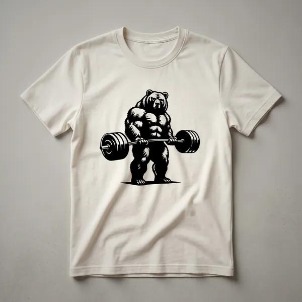 Black graphic t-shirt featuring a grizzly bear in a bodybuilding pose, lifting a barbell.