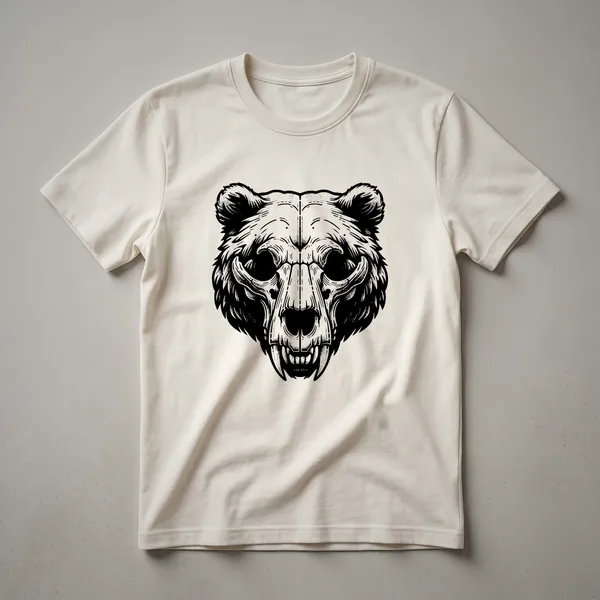 A vintage-style graphic t-shirt featuring a detailed drawing of a grizzly bear skull in black and white.