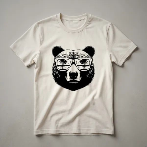 A graphic t-shirt design featuring a bear wearing sunglasses, with a beach and palm trees in the background, on a white t-shirt.