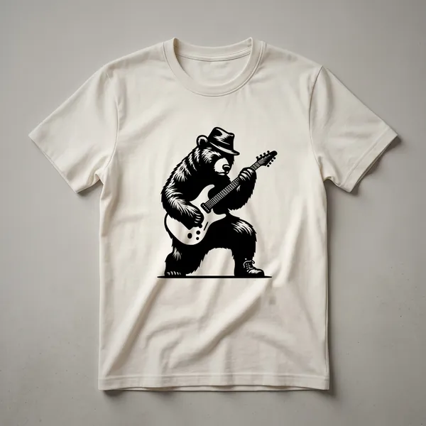 Black graphic t-shirt featuring a cartoon bear playing a red electric guitar with a distressed, vintage art style.
