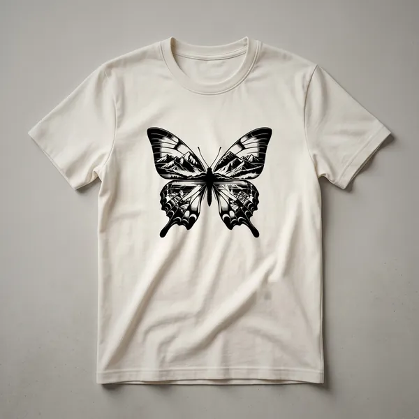 A vintage graphic t-shirt featuring a monarch butterfly with a nature scene depicted within its wings, including hills and trees.