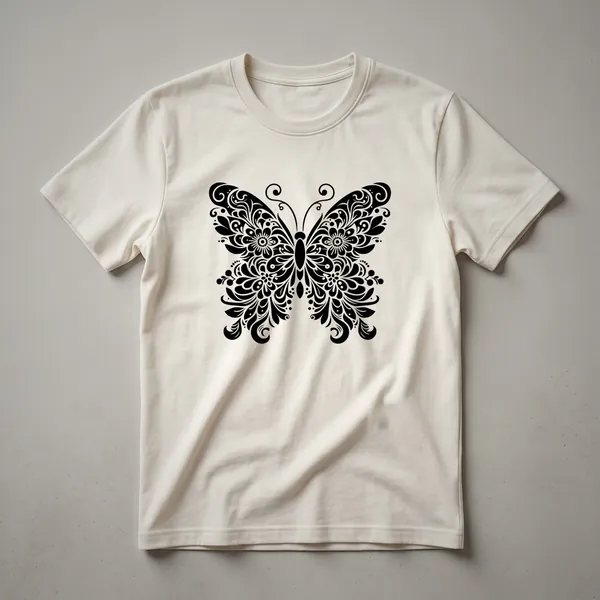 White graphic t-shirt with a vintage-style illustration of a monarch butterfly surrounded by various colorful flowers and leaves.