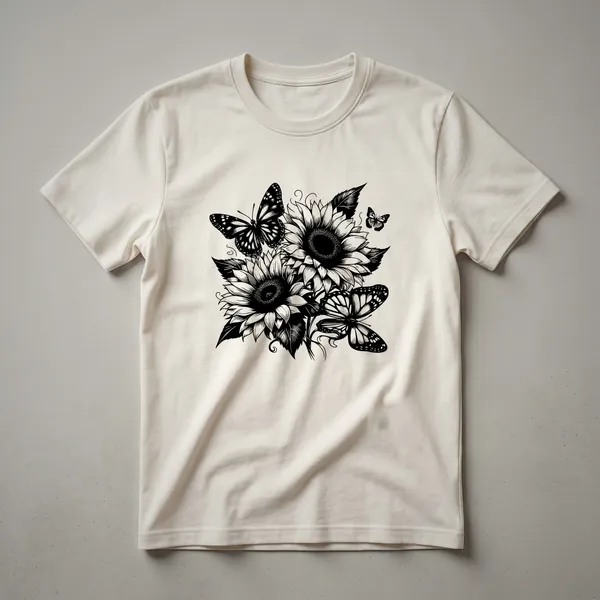 A vintage-style graphic t-shirt featuring a detailed drawing of a monarch butterfly perched on a sunflower, presented on a white background.