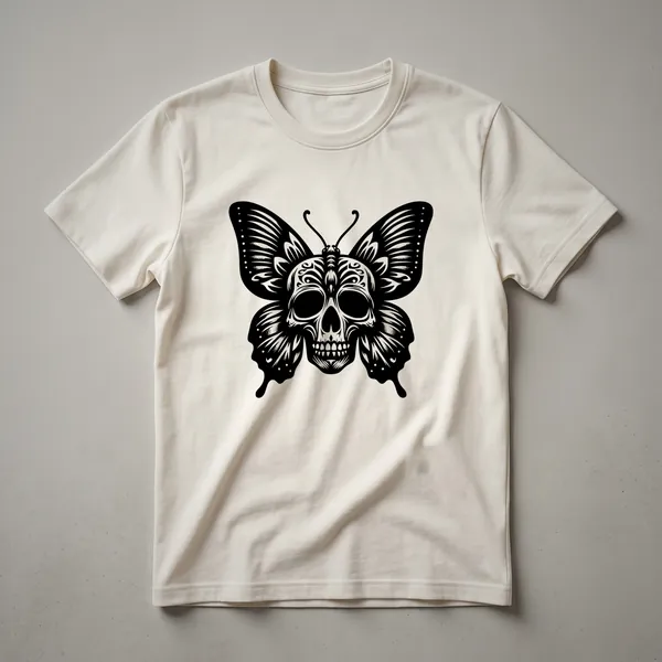 Black graphic t-shirt featuring a vintage drawing of a human skull with detailed butterfly wings emerging from its sides.