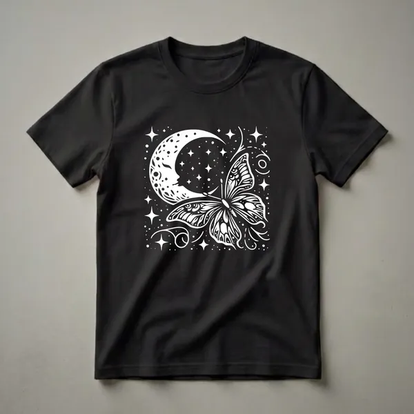 Black t-shirt with a white graphic design of a crescent moon with a face, a butterfly, and stars.