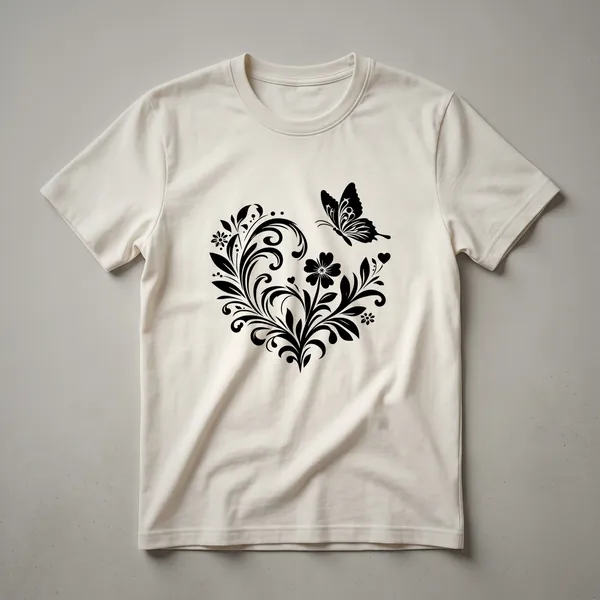 White t-shirt featuring a vintage-style graphic of a heart shape composed of detailed butterflies and blooming flowers in shades of pink, purple, and green.