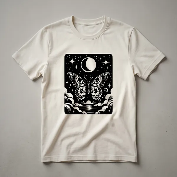 A vintage-style graphic t-shirt featuring a monarch butterfly with detailed wings and a crescent moon against a dark background.