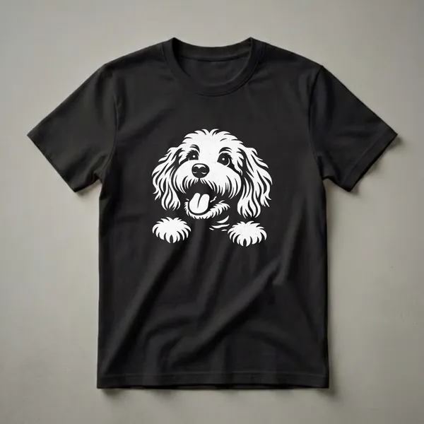 White graphic of a Cockapoo dog's face and paws peeking over an edge, with its tongue out, on a black t-shirt.
