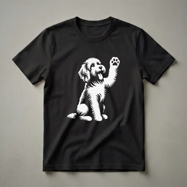 White graphic of a sitting Cockapoo dog with its tongue out and right paw raised, on a black t-shirt.