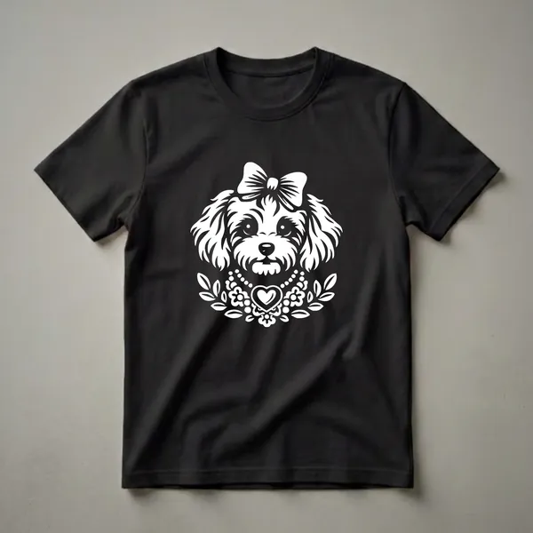 White graphic of a Cavapoo dog's head wearing a bow and a necklace with a heart pendant, set against a black background.