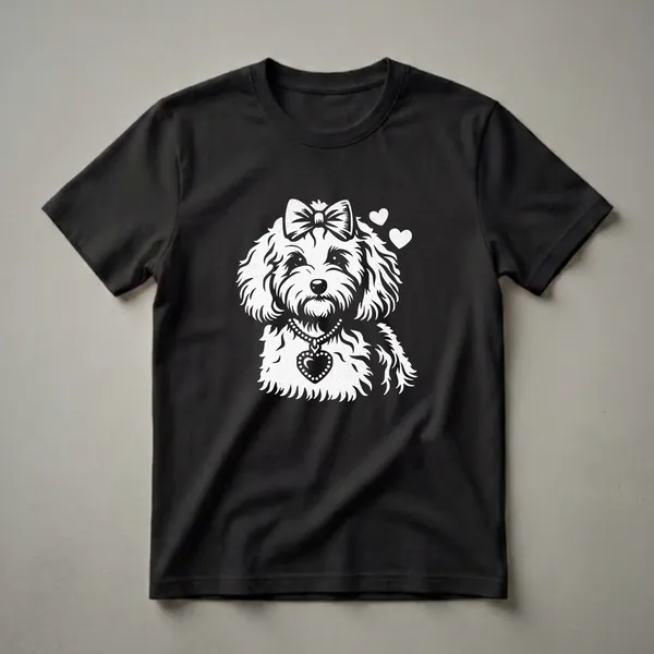 White graphic of a Cockapoo dog wearing a bow and a heart pendant necklace, set against a black background.