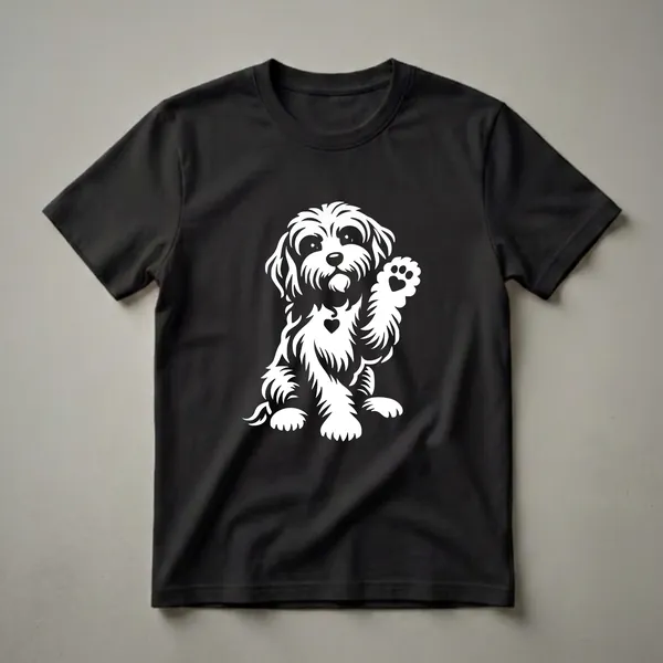 White graphic of a fluffy Cavapoo dog with a heart on its collar, sitting and waving with its paw, on a black background.