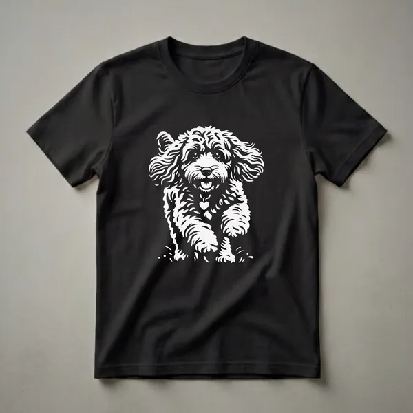 White graphic of a Cockapoo dog running, wearing a heart-shaped pendant, against a black background.