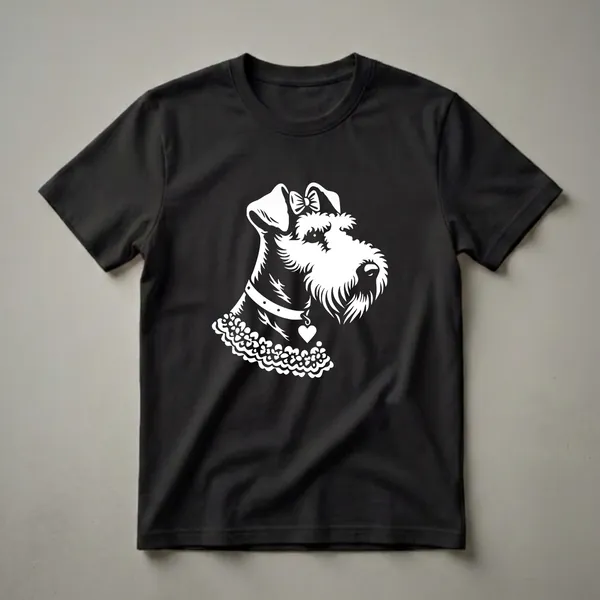 White graphic of an Airedale Terrier's head wearing a bow and a collar with a heart charm, presented on a black background.