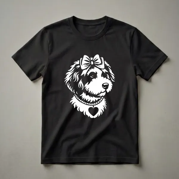 White graphic of a Bernedoodle dog's head wearing a bow and a pearl necklace with a heart pendant, on a black shirt.