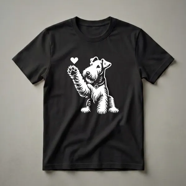 White graphic of an Airedale Terrier dog sitting and raising its paw with a heart above it, and a heart on its collar, on a black t-shirt.