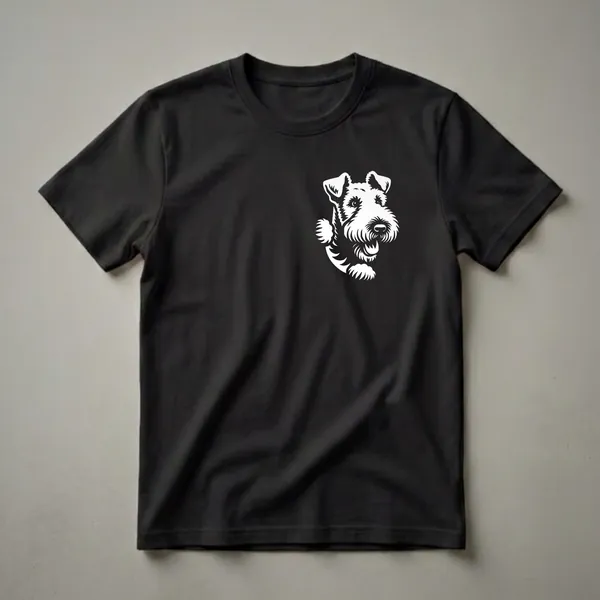 White graphic of an Airedale Terrier's head and paw peeking from the right side against a black t-shirt.