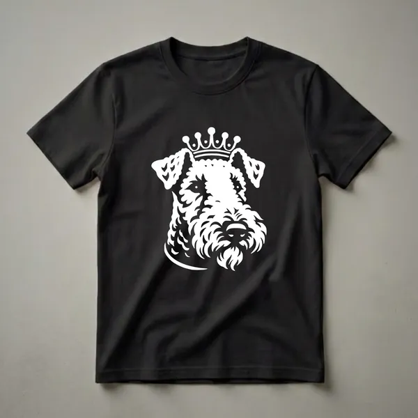 White stencil graphic of an Airedale Terrier dog's head wearing a golden crown on a black t-shirt.