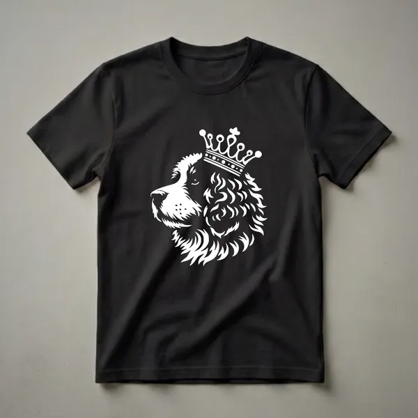 White graphic of a Bernedoodle dog wearing a crown, shown in profile against a black shirt.