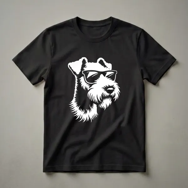 White graphic of an Airedale Terrier dog wearing black sunglasses against a black background, depicting a stylized portrait of the dog's head.