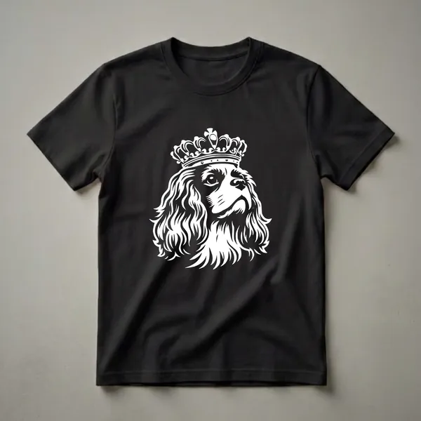 White graphic of a Cavalier King Charles Spaniel dog wearing an ornate crown, set against a black background, on a t-shirt.