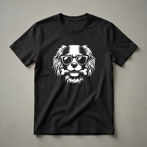 White graphic of a Cavalier King Charles Spaniel wearing sunglasses and holding a bone in its mouth, printed on a black t-shirt.