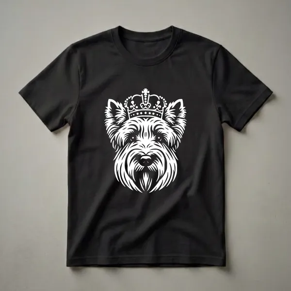 White graphic of a Scottish Terrier dog wearing a detailed crown, set against a black background.