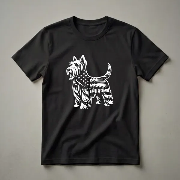White graphic of a Scottish Terrier dog with the American flag design on its body, displayed on a black t-shirt.