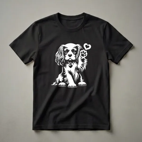 White graphic of a Cavalier King Charles Spaniel dog sitting with its paw raised, a heart symbol above it, and a heart-shaped tag on its collar, displayed on a black t-shirt.