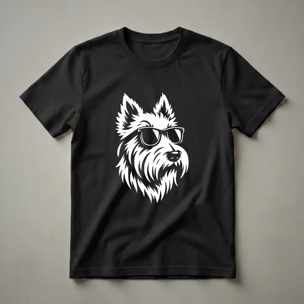 White graphic of a Scottish Terrier dog wearing black sunglasses against a black background, designed for dog lovers.