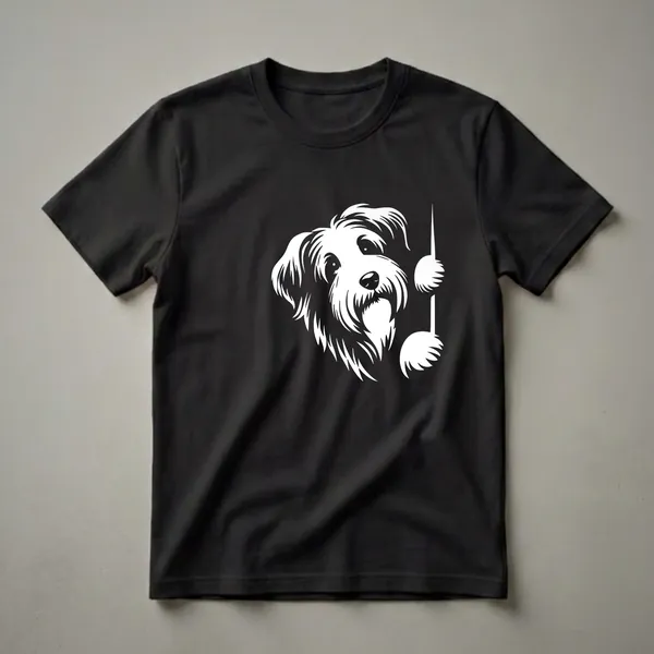 White graphic of a Bearded Collie dog's face peeking from the right side against a black background, showcasing its shaggy fur and expressive eyes.