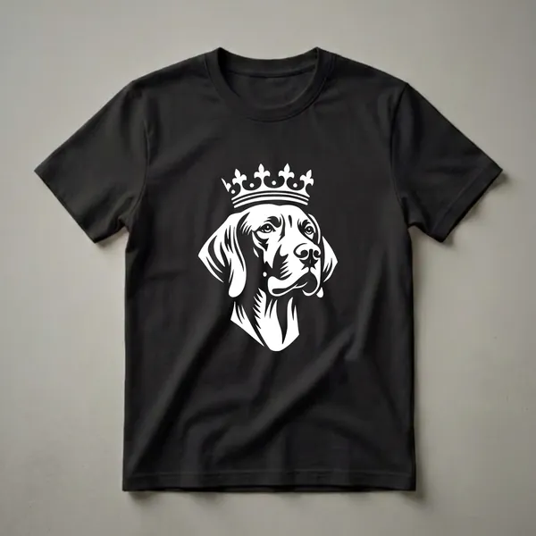 White graphic of a Vizsla dog wearing a crown, with bold lines, on a black background.