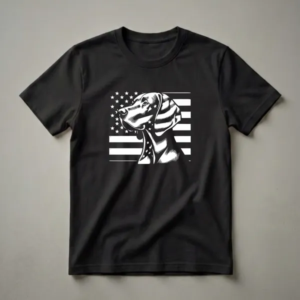 Black and white graphic t-shirt featuring the head of a Vizsla dog with an American flag design, including stars and stripes.