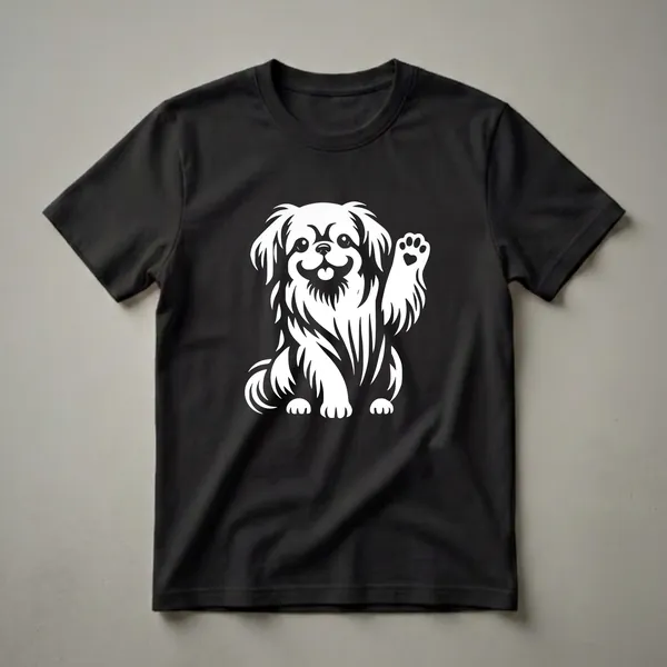 White graphic of a Pekingese dog sitting and waving its right paw, which has a heart shape within the paw pad, on a black background.