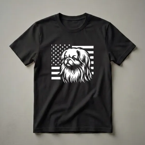 Black and white graphic t-shirt featuring the head of a Pekingese dog with its mane blending into the American flag.