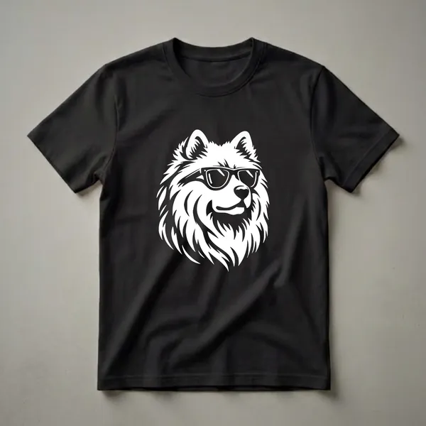 White graphic of a Samoyed dog wearing black sunglasses, set against a black background, on a t-shirt.