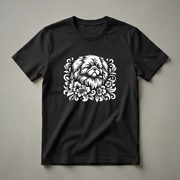 White graphic of a Pekingese dog's face framed by flowers and leaves on a black t-shirt.